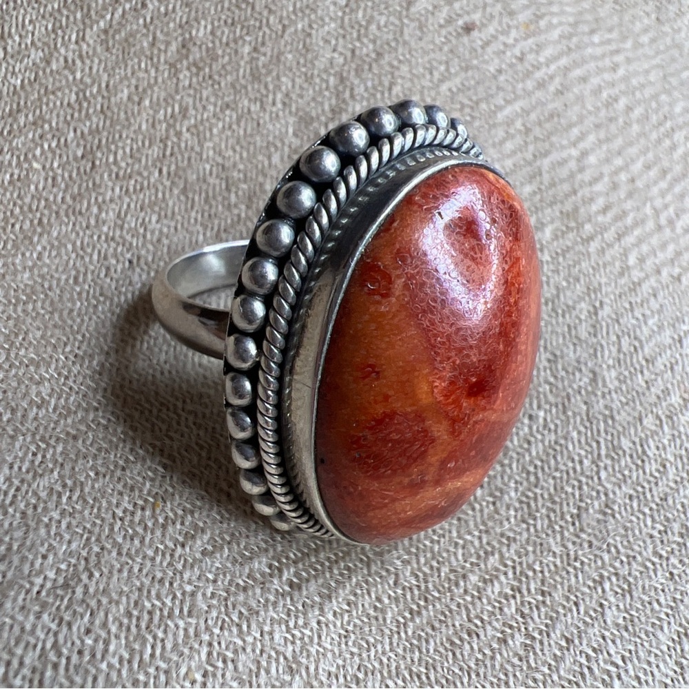 Sterling silver 925 red agate beaded dome ring 6 signed Dg Doug Paulus India